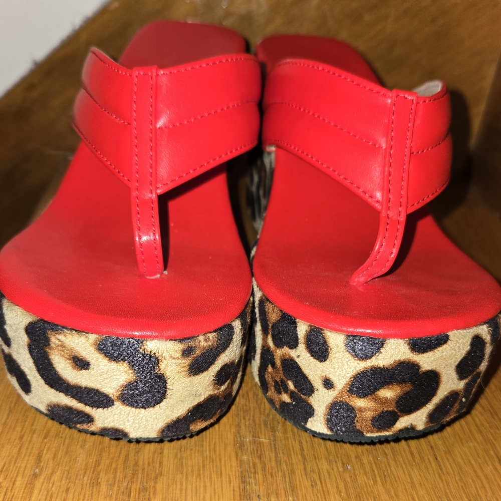 Red and Leopard Print Wedge Heels - Picture 4 of 7